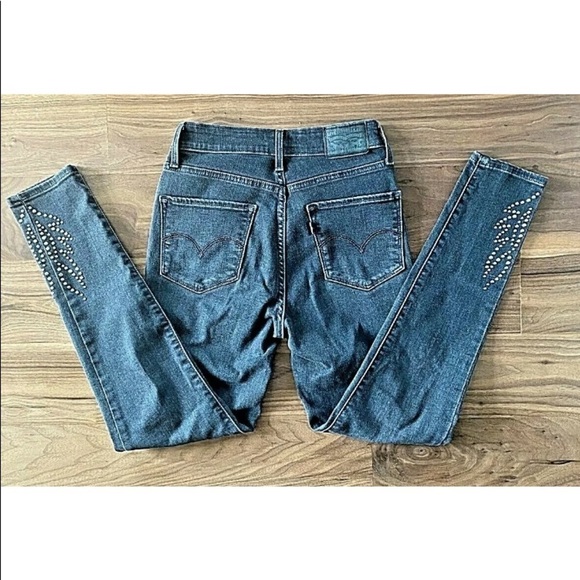 RARE Womens Levis 721 Jeans Sz 26 High Rise Skinny Ankle Black Denim Stud Flame - Picture 5 of 6